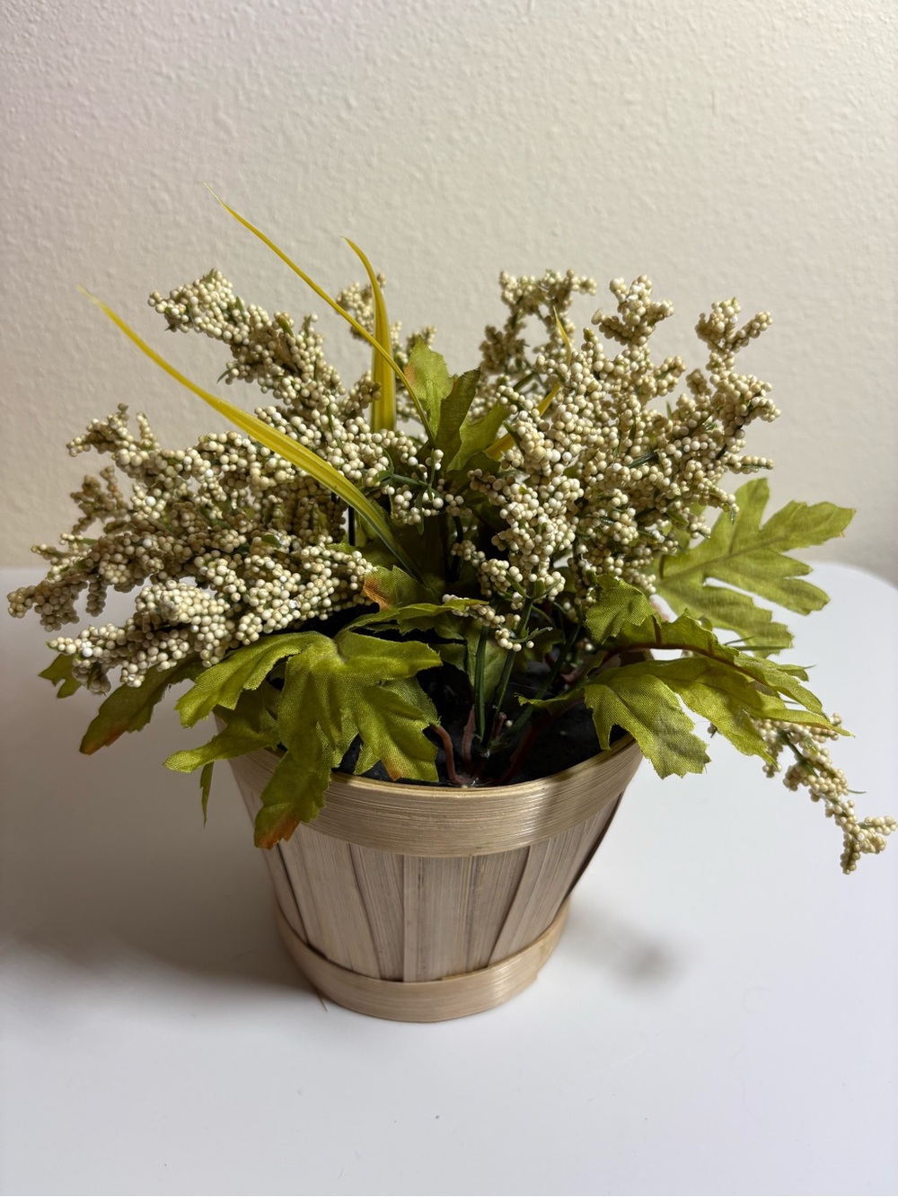 Artificial White Berry and Green Leaf Arrangement in Natural Wood Planter